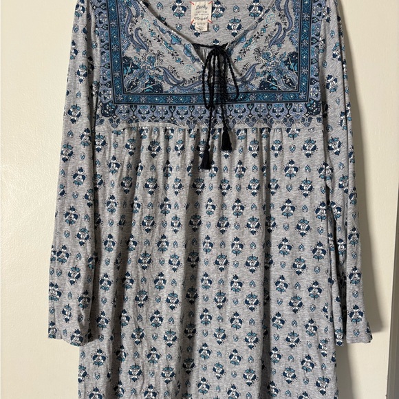 Lucky Brand Blue Floral Cotton Sleep Tunic Tassel Boho Cottagecore Prairie Top M - Picture 2 of 8
